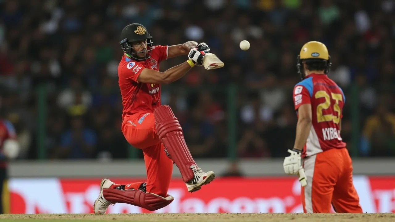 Sideline action frame of a frontline spinner in mid-delivery stride during an evening T20 session, with the batter set in stance.