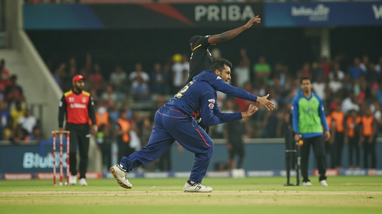 Mid-pitch tactical scene showing a captain gesturing to a fielder during an evening T20 game, with the batter preparing at the crease.