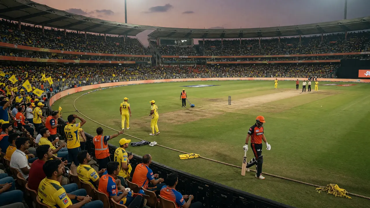 Wide evening view of a packed cricket stadium with the outfield lit under clear skies.