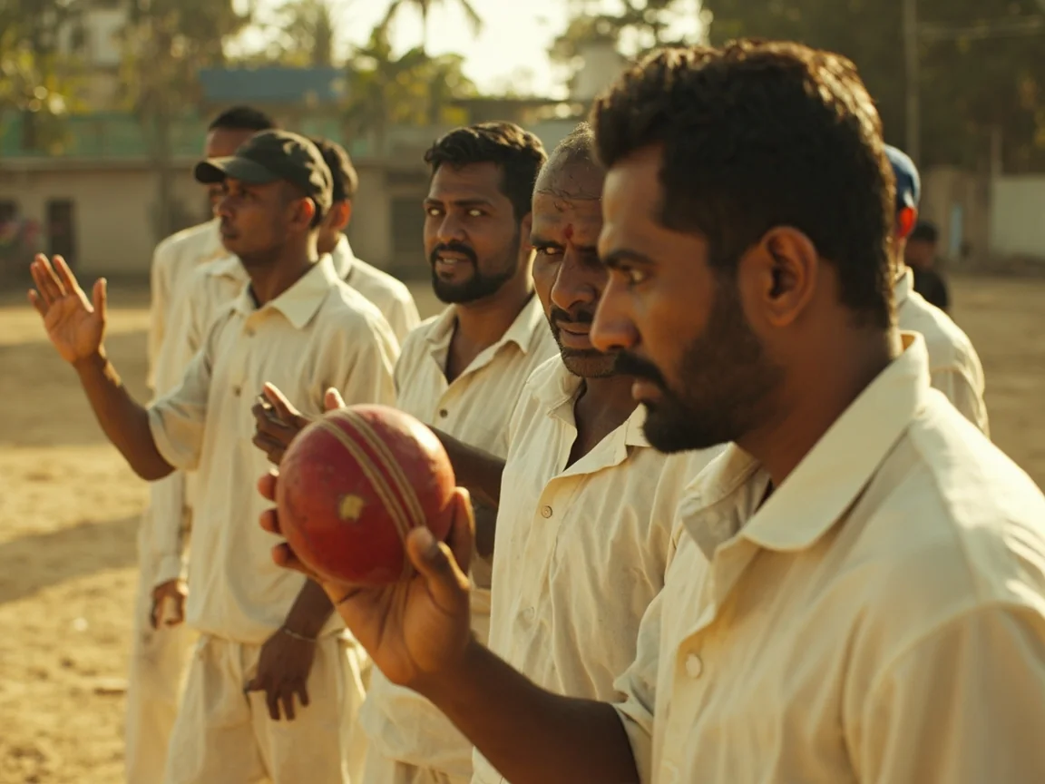 Community cricketers discussing field placement beside a local pitch.