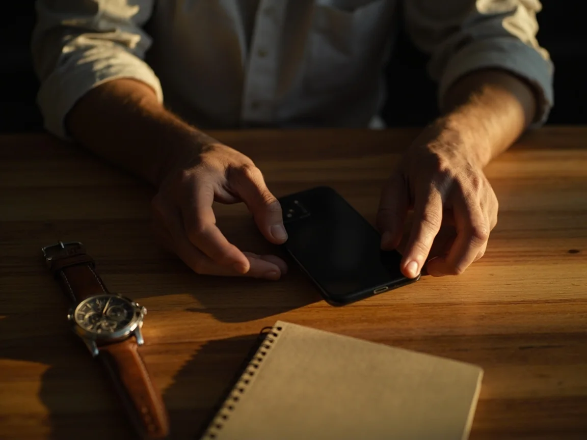 Adult setting a phone face down beside a notebook after reviewing a match.