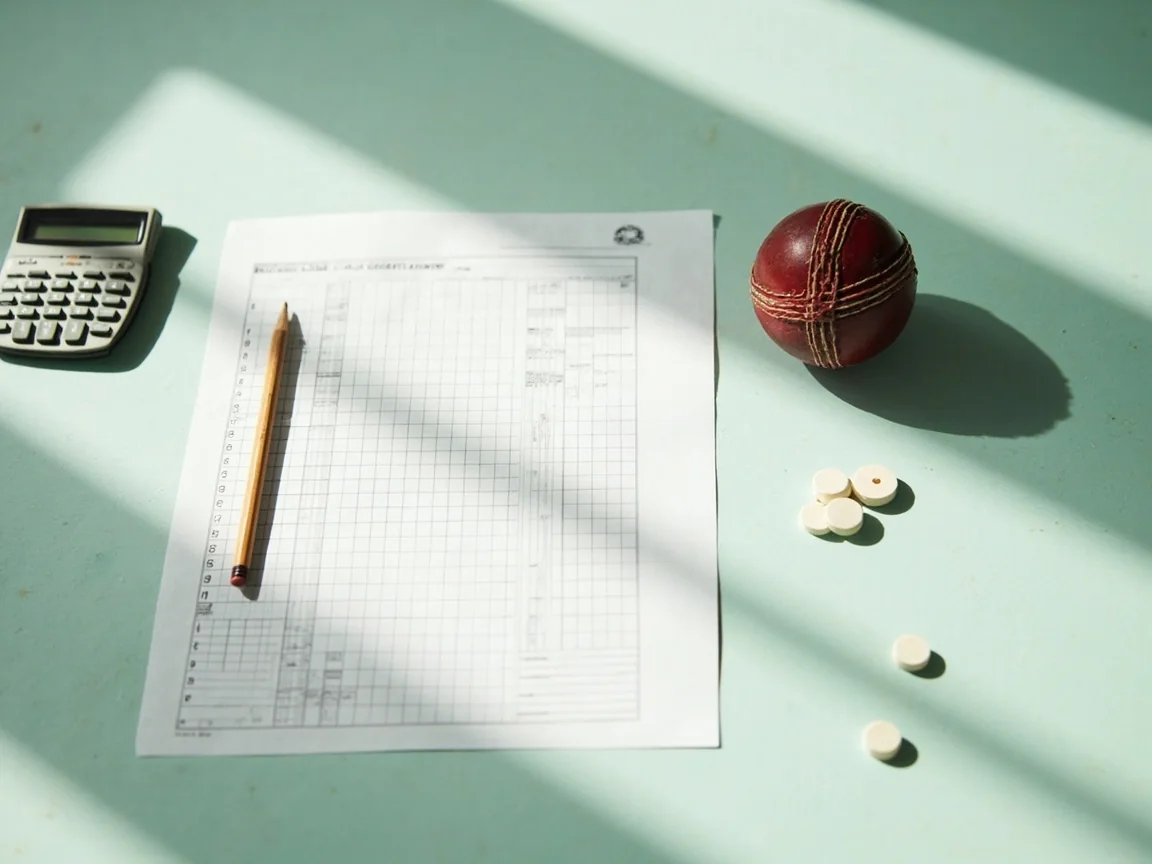 Cricket research materials on a mint desk including a ball and player tokens.