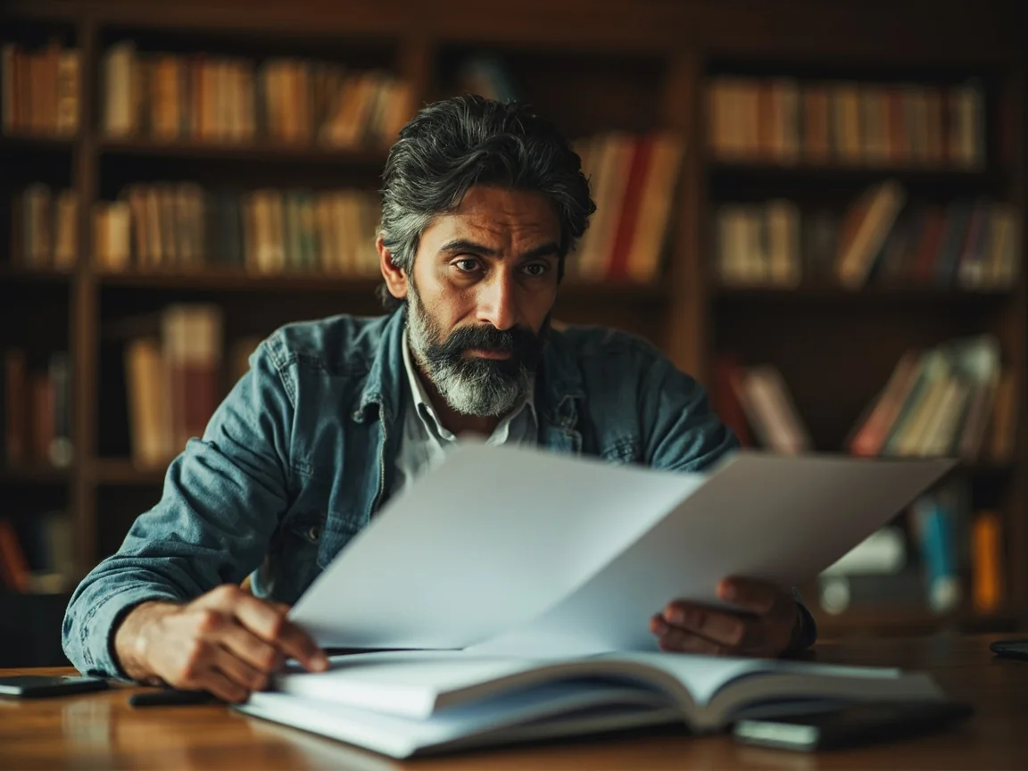 Adult cross-checking source claims beside a notebook after a session.