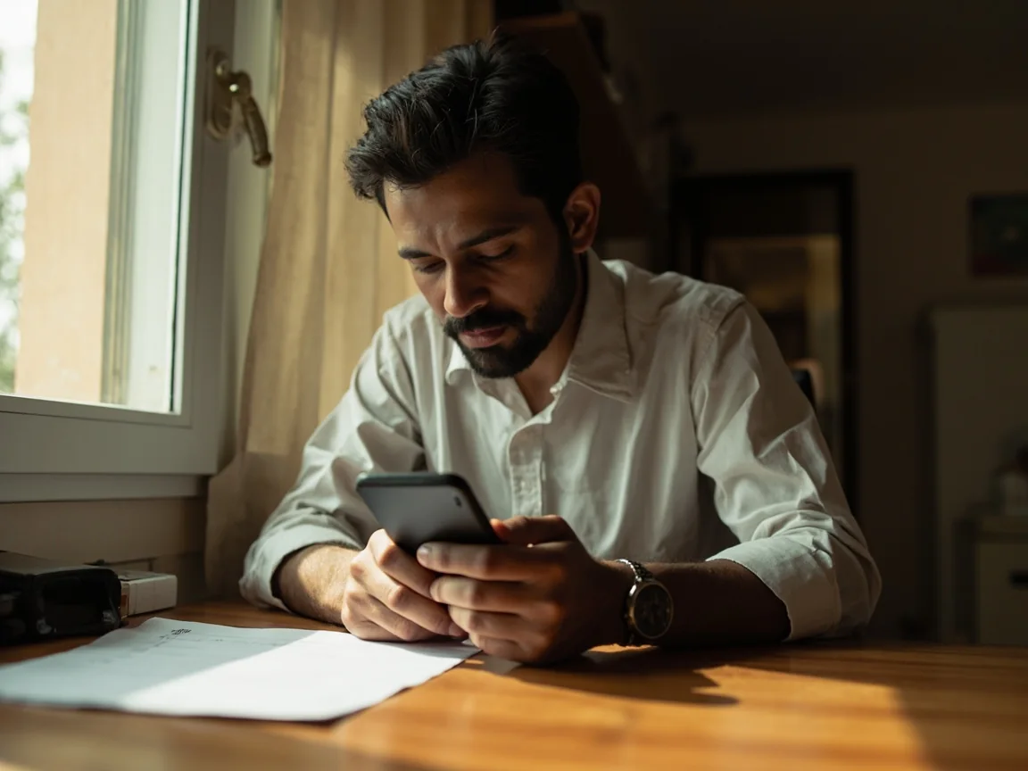 Adult documenting an account-access issue beside a phone with screen hidden.