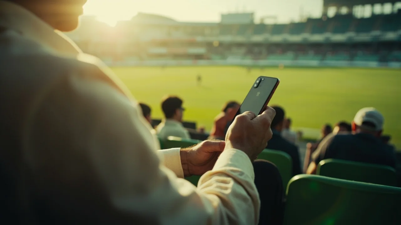 Adult using a smartphone at a local cricket ground with the screen turned away.