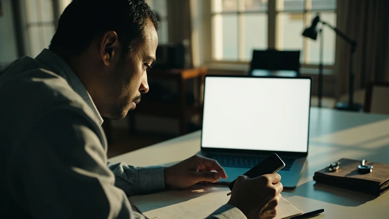 Adult preparing for a safe account-access session at a tidy home desk.